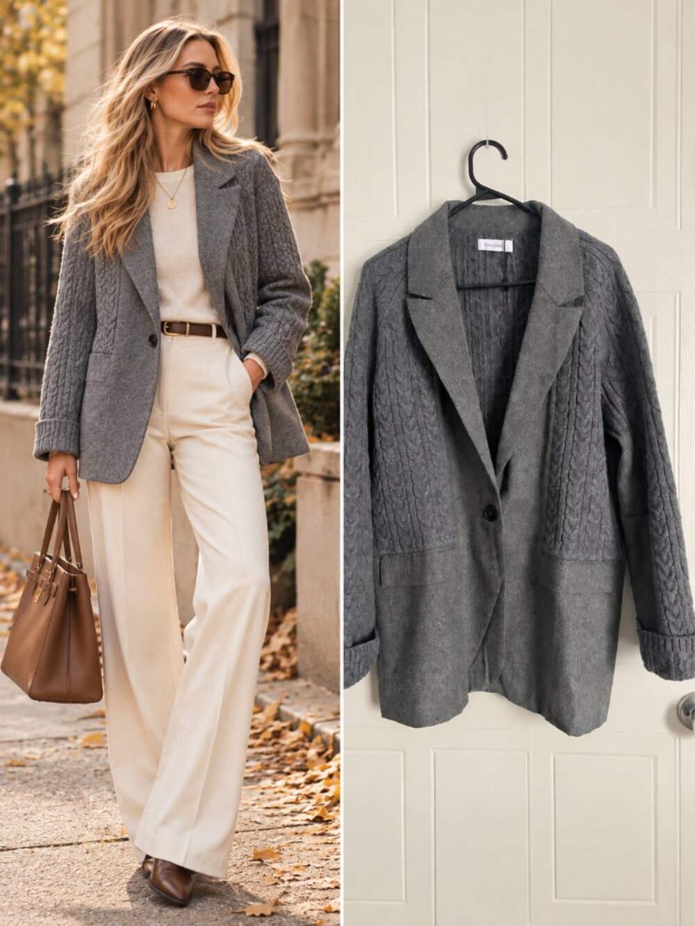 Naadam Gray Cable Knit Blazer Relaxed Straight Knitwear Quiet Luxury Preppy L